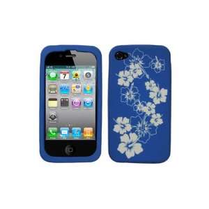  iPhone 4 Laser Silicone Skin   White/Blue Hibiscus Cell 