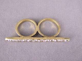 Double 2 two finger cocktail ring antiqued gold tone crystals skinny 