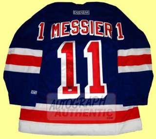 New York Rangers jersey autographed by Mark Messier. The jersey is 