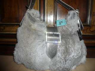   GAIL grey silver rabbit hair fur leather purse tote bag RARE Saks $600