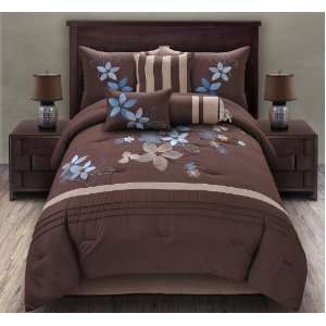  7 Piece King Blair Embroidered Comforter Set Blue/Coffee 