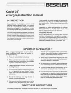   instruction manual for the Beseler Cadet 35, 35mm condenser enlarger