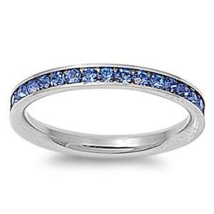Stainless Steel Eternity Blue Cz Wedding Band Ring 3mm (Size 3,4,5,6,7 