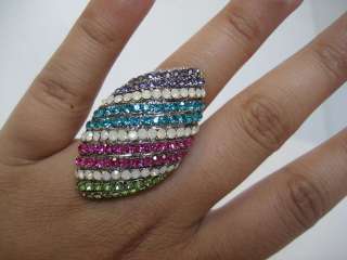 crystal RHINESTONE ring colorful big SILVER multi color  