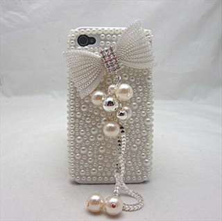   Deluxe Shiny White Faux Pearl Rhinestone Bow Back Case for iPhone 4 4S