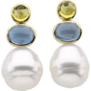   Cultured Pearl, Genuine Peridot And Genuine London Blue Topaz Earring