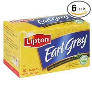 Lipton Earl Grey Tea, Tea Bags, 20 Count Boxes (Pack of 6):  