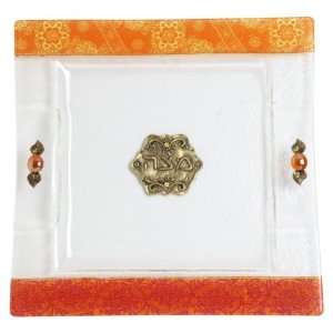   : Glass Matzah Plate with Flowers in Red and Orange: Everything Else
