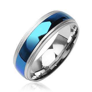 Stainless Steel Mens Blue Stripe Comfort Fit Ring  