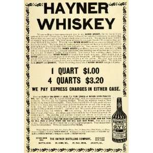  1903 Ad Hayner Distilling Rye Aged Whiskey Bottle Liquor 