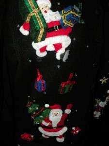 Ugly Tacky Santa on the Move Gaudy Black Christmas Holiday Sweater 
