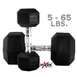  X Mark Fitness 5 lb to 65 lb Rubber Hex Dumbbell Set 