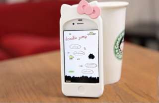 White Hello Kitty Double Bow Silicone Soft W/Ear Case Cover For iPhone 