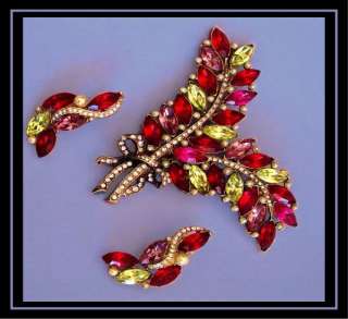   fuchsia & jonquil rhinestone floral brooch and matching clip earrings
