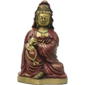  Kuan Yin with Rosary Statue, Gold and Red Finish