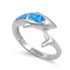 Sterling Silver Ring in Lab Opal   Blue Opal   Ring Face Height: 8mm 