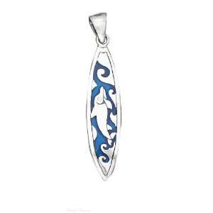   Necklace With Dolphin Wave Design Surfboard Pendant Paua Shell Inlay