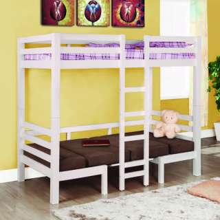 WHITE WOOD CONVERTIBLE TWIN OVER TABLE BENCH BUNK BED  