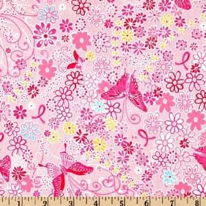  45 Wide Pink Ribbons of Hope Butterflies Candy Fabric By 