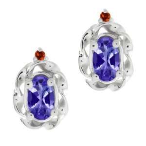   Blue Tanzanite and Cognac Red Diamond 10k White Gold Earrings Jewelry