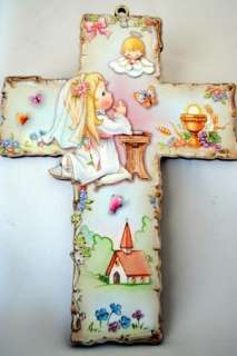 GIRL PRECIOUS MOMENTS FIRST COMMUNION WALL CROSS + HOLY CARD  