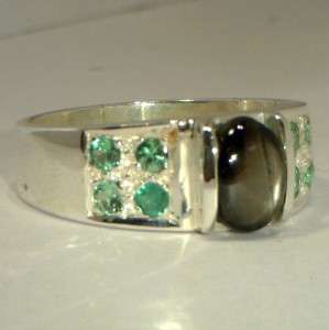 Star Black Sapphire and Tsavorite Green Garnets Sterling Unisex Ring 