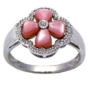  14K White Gold Diamond and Pink Mother of Pearl Ring 
