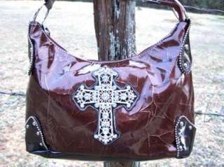 NEW Western RHINESTONE Cross Brown BLING Handbag Purse  