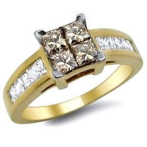   30ct Brown Princess Cut Quad Diamond Engagement Ring 14k Gold: Jewelry
