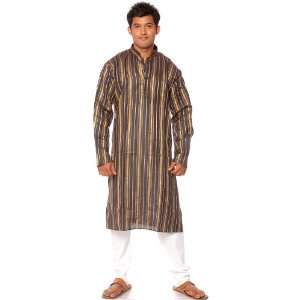   Kurta Pajama with Woven Golden Stripes   Pure Cotton 