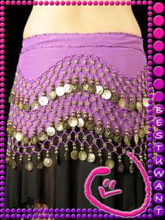 NEW Belly Dance Gold Coins Chiffon Hip Belt Scarf Costume Clothing 160 