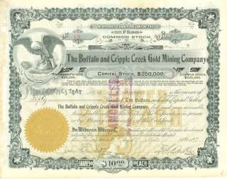  and Cripple Creek Gold Mining Company Colorado Stock Cerificate  