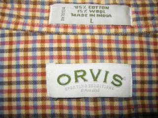 Orvis Long Sleeved Shirt, Large, Cotton/Wool Blend, Blue and Rust 