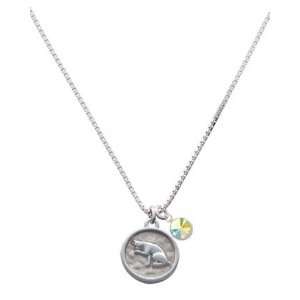 Sitting Cat   Round Seal Charm Necklace with AB Swarovski Crystal Drop 