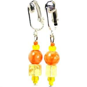 Beaded Handcrafted Amber & Orange Clipon Earring Set   Jazzy, Custom 