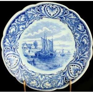   Large Transferware Blue Delft Plate Charger Boat Ship 