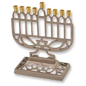  Menorah. Cut Out of Star of Davids Design and Gold Plated Candle 