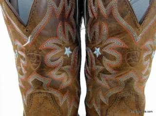 Ariat Brown Shorty Roper Cowboy Boots Blue Stars 6 Row Blue Red Stitch 