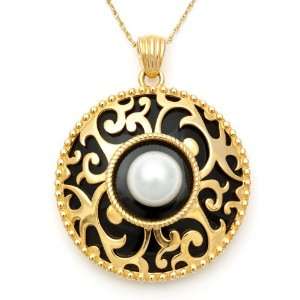 Black Resin and Gold Plated Sterling Silver Exotic Scroll Disc Pendant 