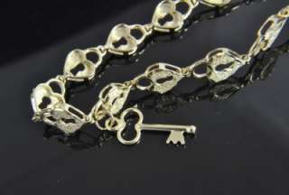 Estate Vtg 14K Gold Heart Lock Key Charm Link Bracelet  