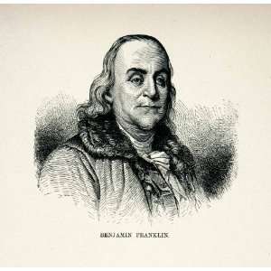  1877 Wood Engraving Benjamin Franklin American Polymath 