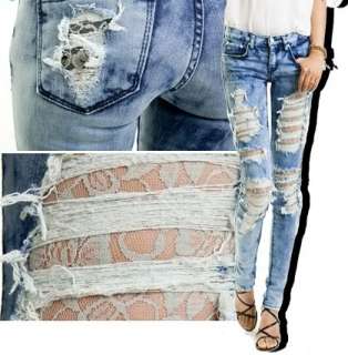 Distressed Ripped TIE DYE BLUE Skinny Jeans, Lace Lined, Destroyed, UK 