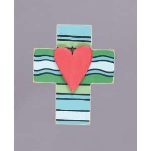  Blue and Green Striped Wooden Cross with Red Heart: Home 
