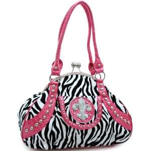 Rhinestone studded fleur de lis zebra satchel Handbag Purse with Kiss 