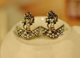 Hot Fashion a pair Antique Bronze Anchor European crystal Earrings 