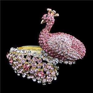 Bird Peacock Peafowl Bracelet Bangle Cuff Pink Swarovski Crystal 