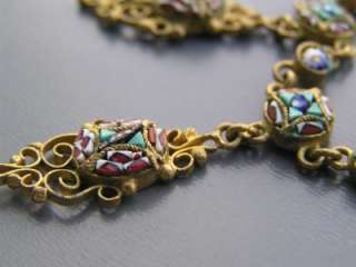   Deco Nouveau Gold Gilt Brass Micro Mosaic Flower Charm Necklace  