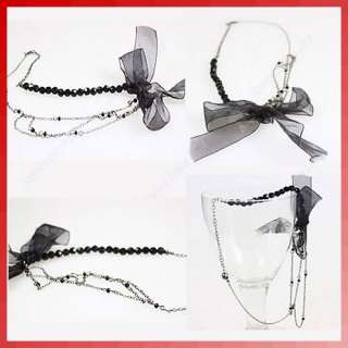 Fashion Black Silk Bowknot Imitation Pearl Pendant Necklace Chain Gift 