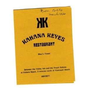    Kahana Keyes Restaurant Menu Maui Hawaii 1980 