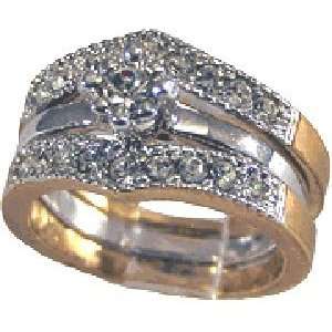  Inset Two Tone Two Piece Wedding Ring Set 18kt Gold EP 